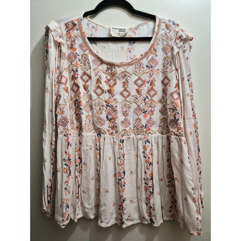 Savannah Jane Embroidered Boho Babydoll Blouse Ivory Floral Long Sleeve 1X
